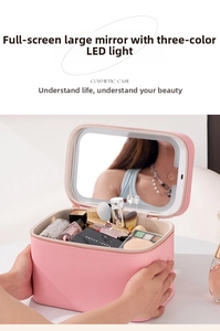 Macro detail of pink cross-pattern leather vanity case with built-in LED mirror