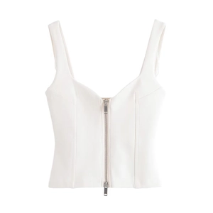 Detail of white cropped vest with double silver metal zippers on elastic fabric