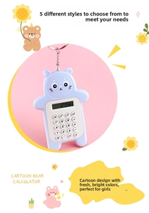 Close-up of a blue bear-shaped mini calculator with a keychain and white buttons