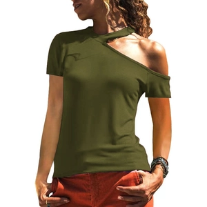 Women's sexy one-shoulder cutout t-shirt in olive green with a slim fit summer design