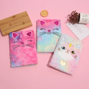Cute Cartoon Cat Plush Notebook For Girls Soft Faux Fur Rainbow Gradient Diary Journal With Sequin Ears Stationery Gift