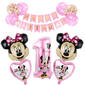 Pink and gold Minnie Mouse themed birthday decoration set with foil balloons and banner