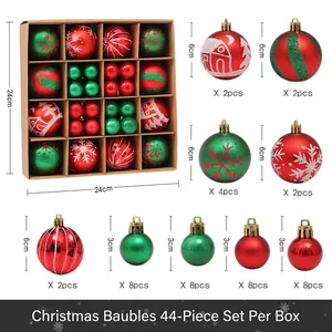Detailed 44-piece Christmas ball ornament set in red gold and green with size labels