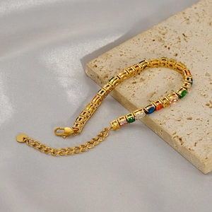Colorful zirconia stainless steel tennis bracelet with adjustable gold chain link