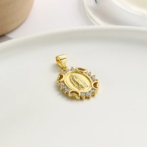 Golden oval Virgin Mary pendant necklace with sparkling cubic zirconia inlay in white tray