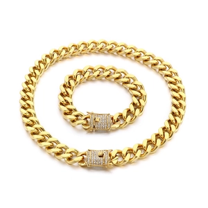 316L gold Cuban chain necklace and bracelet set with CNC inlaid rhinestones and square buckle