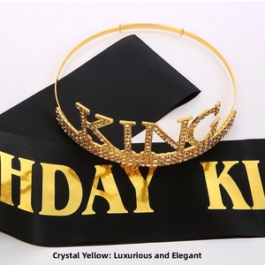 Detail of gold rhinestone KING crown headband and black gold BIRTHDAY KING satin sash set