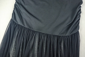 Macro shot of black fabric layers showing smooth texture and ruffled mesh details on dress