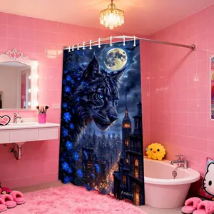 Shower curtain featuring fantasy lynx, full moon and purple flowers in a pink bathroom