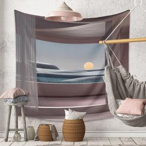 Detailed texture of bohemian sunset tapestry with abstract dunes in a cozy room