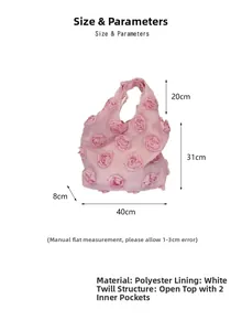 Size parameters for pink 3D rose flower tote bag made of durable polyester material