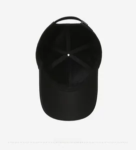 Detailed interior view of a black baseball cap featuring reinforced stitching and breathable fabric