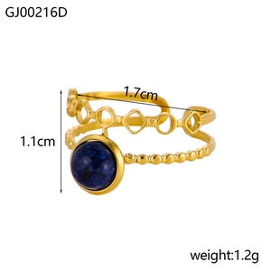 Detail of vintage gold ring with blue stone, featuring dimensions and 1.7cm inner diameter