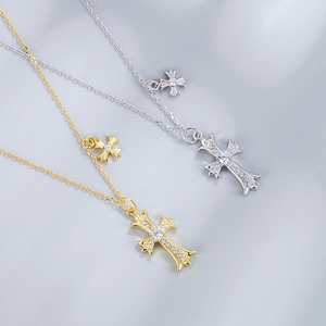 Elegant S925 sterling silver cross necklace with zircons in gold and silver finish