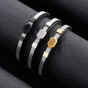 Three-color titanium steel mesh bracelets with black, silver, and gold geometric charms