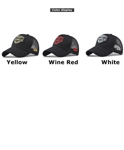 Detailed close-up showing the high-quality embroidery and breathable mesh of baseball caps