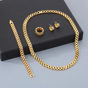 Ensemble de Bijoux Hip Hop en Acier Inoxydable Chaîne de Bracelet de Montre pour Hommes Femmes Collier Bracelet Bague Boucles d'oreilles Or Argent
