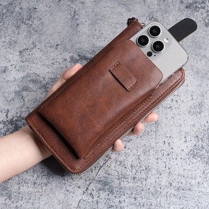 Brown vintage leather wallet phone bag with zipper compartment and external smartphone pocket