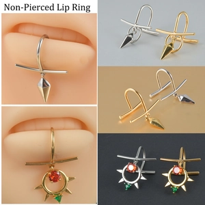 Stainless Steel Non Pierced Lip Ring U Shaped Clip On Fake Piercing Jewelry Zircon Cross Sun Flower Pendant Unisex Punk