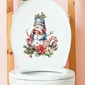 Christmas snowman toilet seat sticker with poinsettia and candy cane for holiday decor