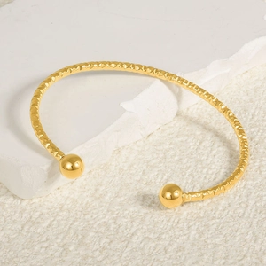 Textured Bangle Bracelet 304 Stainless Steel Open Adjustable With Round Bead Ends Minimalist Jewelry For Women Men