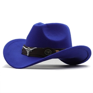 Detail of royal blue fedora hat with brown leather band and silver bull head ornament