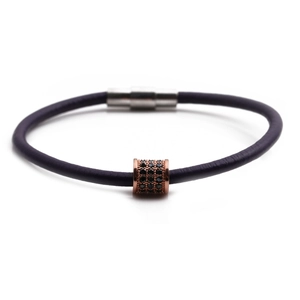 Fashion magnetic leather bracelet with rose gold beads and black cubic zirconia stones