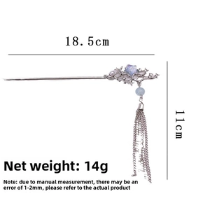 Moonstone hair stick with star-moon tassel and detailed length measurements shown