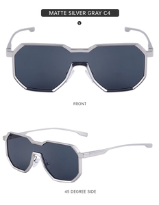 Detailed views of irregular steampunk sunglasses in matte silver gray metal frame