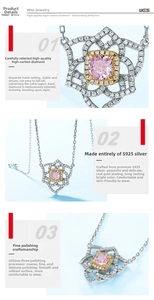 Macro detail of S925 sterling silver flower necklace with pink radiant cut carbon diamond
