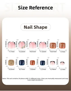 Detailed size chart for 3D press-on toenails showing 12 sizes with precise measurements
