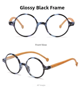 Detail of round tortoiseshell frames with natural wood temples from two angles