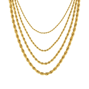 Gold stainless steel rope chains in four layered lengths with detailed twist texture