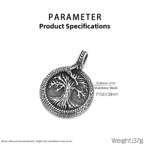 Detailed specs of stainless steel Tree of Life Ouroboros pendant, 54x39mm and 37g weight