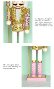 Detail of pink sequined nutcracker soldier with golden scepter and stable base