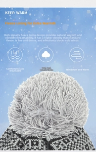 Detail of winter knit hat with pompom featuring jacquard pattern and fleece lining