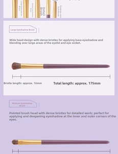 Detail of purple eyeshadow brush set with soft brown bristles and golden metal ferrules