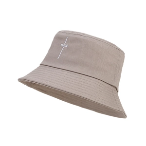 Retro khaki cotton bucket hat with white Peace embroidery and stitched brim detail