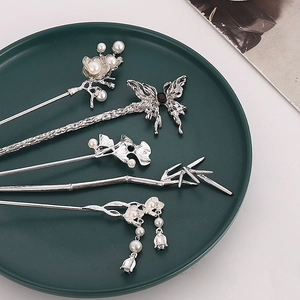 Alloy Metal Hair Stick Retro Chinese Style Faux Artificial Pearl Tassel Butterfly Ginkgo Leaf Design Women Elegant Headpiece