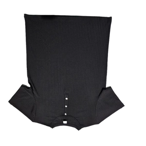 Detail of black ribbed knit Henley shirt featuring a three-button placket and V-neckline