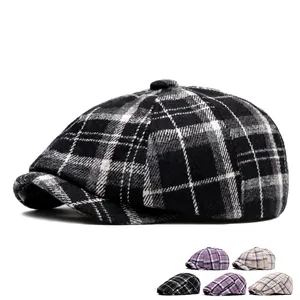 Vintage black and white plaid newsboy cap for men featuring a classic octagonal design