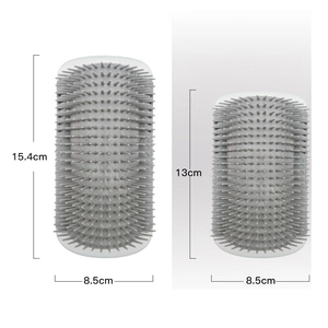 Detailed size comparison of gray silicone cat corner self groomer brushes in two sizes