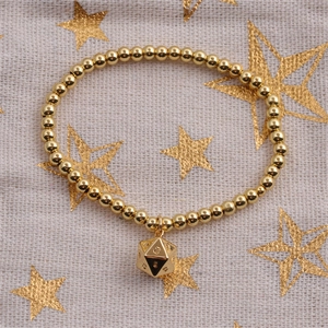 Bracciale elastico con perline placcate oro e ciondolo a forma di dado D20 fantasy