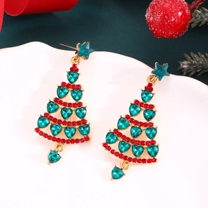 Christmas tree drop earrings with red and green gemstones in a gold-tone frame