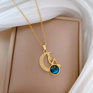Titanium steel moon queen necklace with blue gemstone and zircon crystal inlay