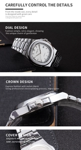 Macro detail view of square quartz watch dial, crown, and stainless steel case back