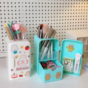 Cartoon refrigerator-shaped desk organizer with drawers in white and mint green styles