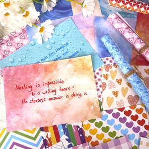 Colorful aesthetic scrapbooking paper set with heart patterns and motivational quotes