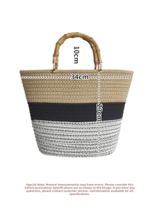 Detailed view of woven tote bag with bamboo handle and tricolor cotton rope design