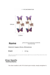 Detailed view of silver needle butterfly tassel earrings with purple crystals and zircons